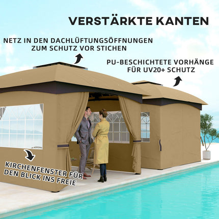 Tuinpaviljoen ca. 3,4x3,4m waterafstotend tuinpaviljoen met 4 zijpanelen, dubbel dak, partytent met UV-bescherming tuintent met gegalvaniseerd metalen frame, voor tuin beige