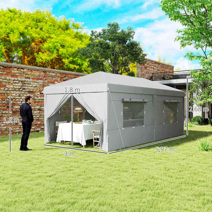 Paviljoen ca. 3x6m, waterafstotend, stabiel, winterbestendig pop-up vouwpaviljoen, UV-bescherming 50+, opvouwbare partytent, tuintent met 6 zijpanelen, zaktuinpaviljoen voor op de camping, tuin, lichtgrijs