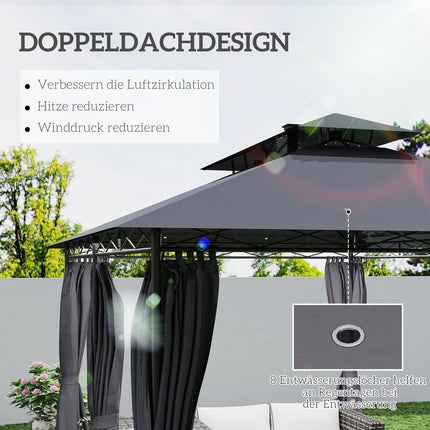 Metall-Gartenpavillon 4x3m, Doppeldach, Solar-LED, Dunkelgrau