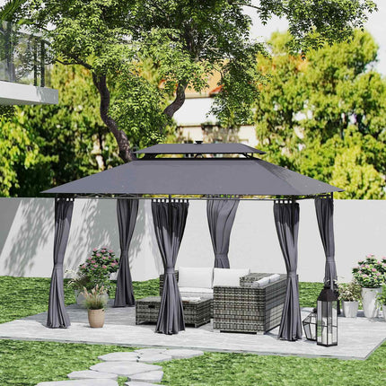 Metall-Gartenpavillon 4x3m, Doppeldach, Solar-LED, Dunkelgrau