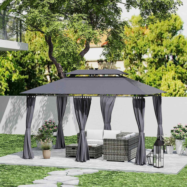 Metall-Gartenpavillon 4x3m, Doppeldach, Solar-LED, Dunkelgrau