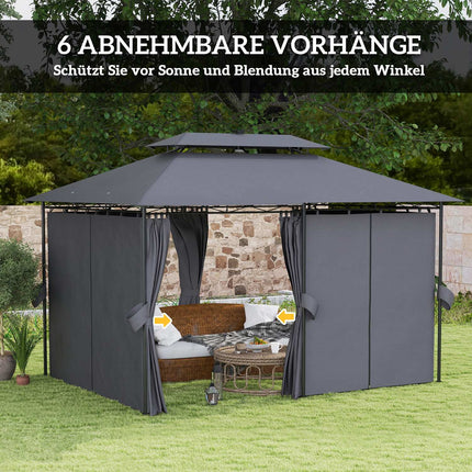 Metall-Gartenpavillon 4x3m, Doppeldach, Solar-LED, Dunkelgrau