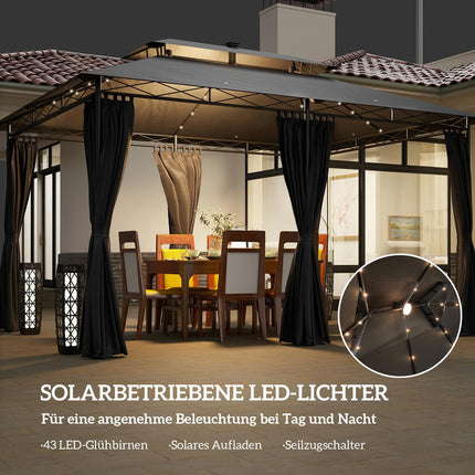 Metall-Gartenpavillon 4x3m, Doppeldach, Solar-LED, Dunkelgrau