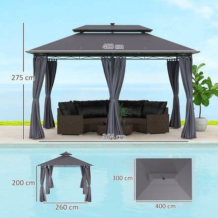 Metall-Gartenpavillon 4x3m, Doppeldach, Solar-LED, Dunkelgrau