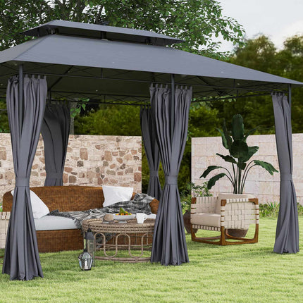 Metall-Gartenpavillon 4x3m, Doppeldach, Solar-LED, Dunkelgrau