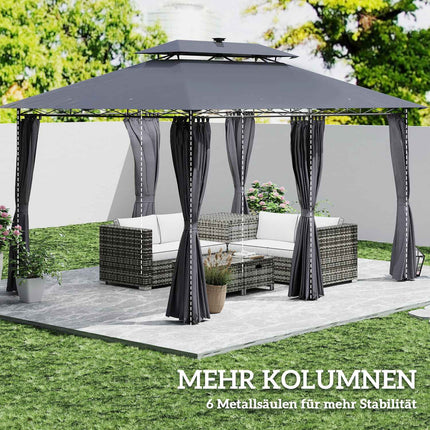 Metall-Gartenpavillon 4x3m, Doppeldach, Solar-LED, Dunkelgrau