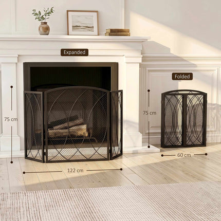 Geometric 3-Panel Metal Fireplace Screen, Black
