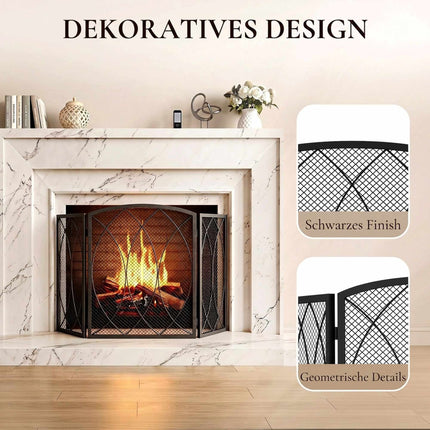 Geometric 3-Panel Metal Fireplace Screen, Black