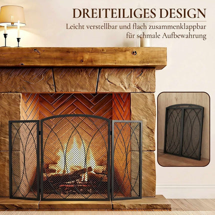 Geometric 3-Panel Metal Fireplace Screen, Black