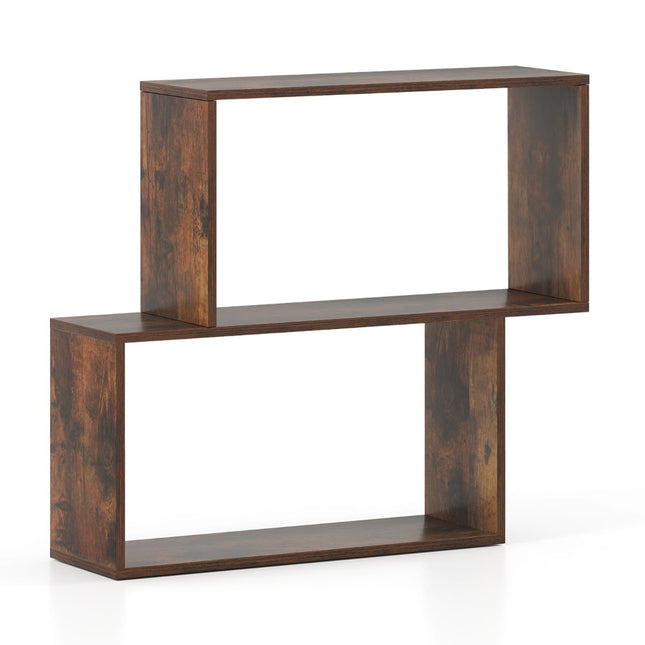 Geometrische houten boekenkast met 3 niveaus en kubusvormige planken, bruin