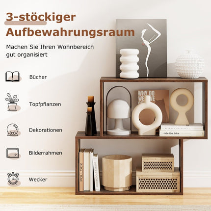Geometrisches 3-stöckiges Holzregal mit Würfelfächern, Braun