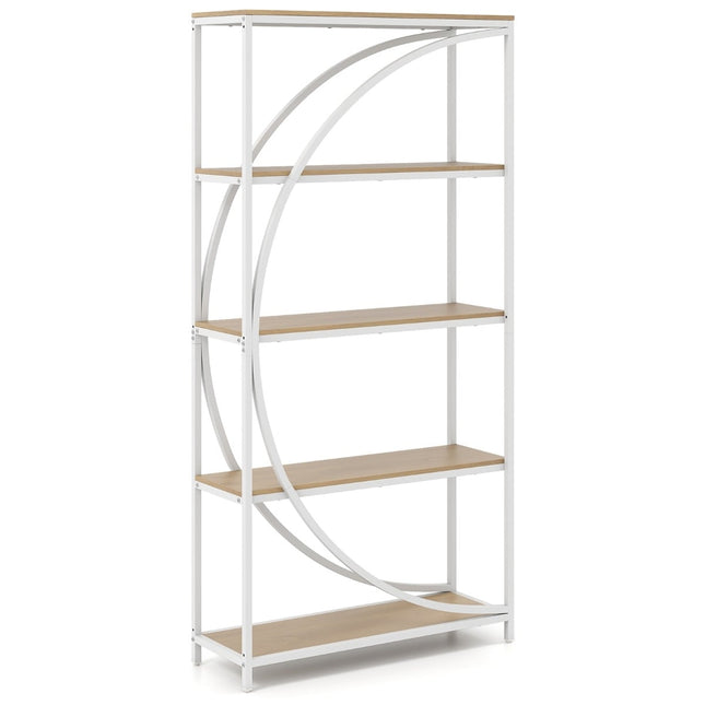 Geometrische boekenkast met open houten planken en metalen frame