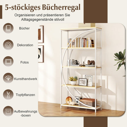 Geometric Bookshelf with Open Wood Shelves & Metal Frame