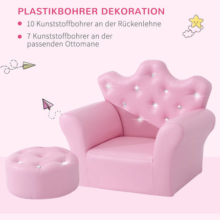 Měkké křeslo pro dívky s krystalovými knoflíky – od 3 let, růžová