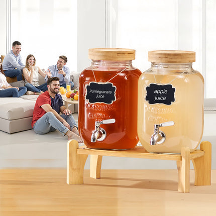 Glass Beverage Dispenser Set, 2 x 3.8L, Wood Stand, Spigot
