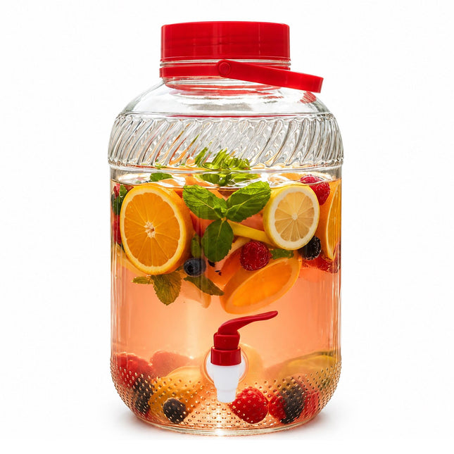 Getränkespender aus Glas mit Zapfhahn, 10L – Rot