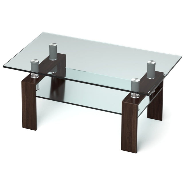 Glazen salontafel met plank, 99,5 x 59,5 x 44,5 cm, bruin