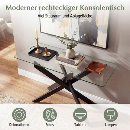 Glass Console Table, Tempered Glass Top, Metal Legs
