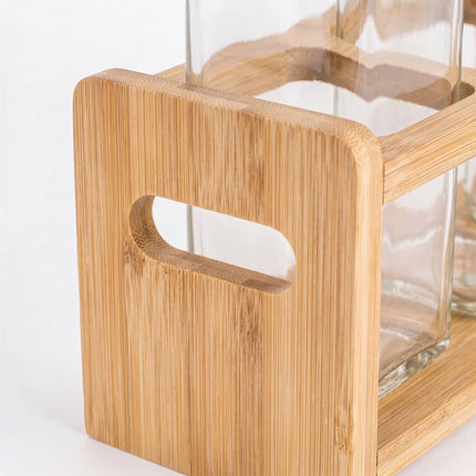 Glas-Ölflaschen-Set mit Bambushalter – 4 Stück