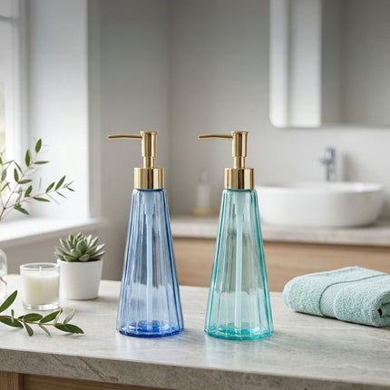 Glass Soap Dispensers Set of 2, 320 ml, Gold Pumps