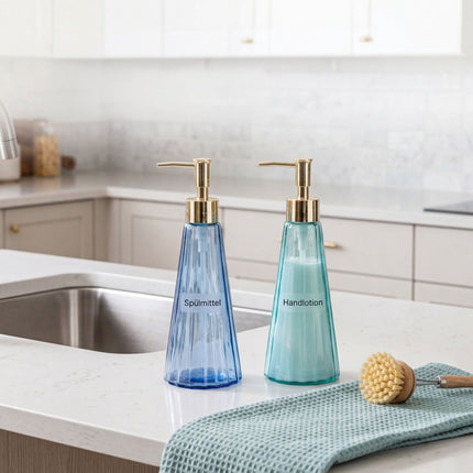 Glass Soap Dispensers Set of 2, 320 ml, Gold Pumps