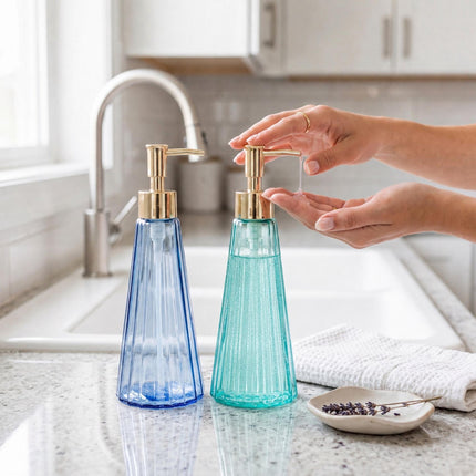 Glass Soap Dispensers Set of 2, 320 ml, Gold Pumps