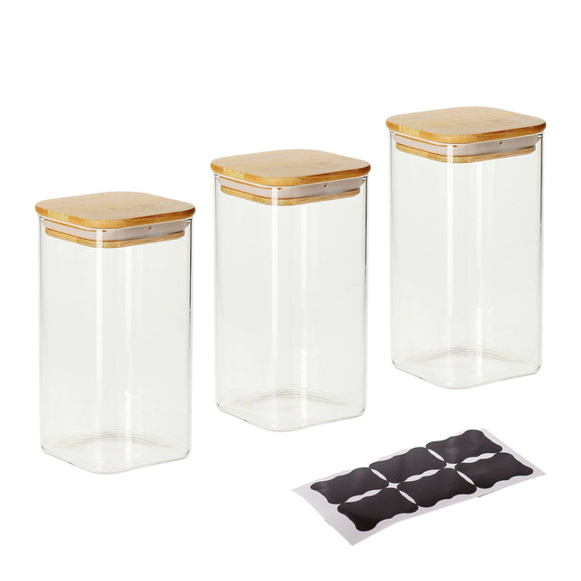 Glass Storage Jars, Bamboo Lids, 1500ml, Set of 3
