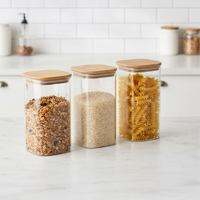 Glass Storage Jars, Bamboo Lids, 1500ml, Set of 3