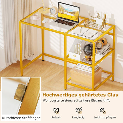 Computertisch mit Glasplatte und Metallgestell, Gold, 106x51x76 cm