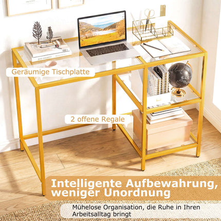 Computertisch mit Glasplatte und Metallgestell, Gold, 106x51x76 cm