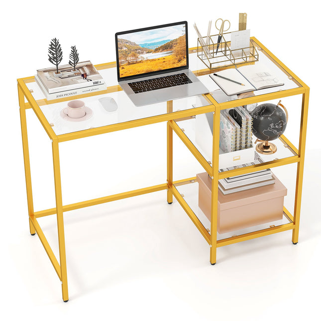 Computertisch mit Glasplatte und Metallgestell, Gold, 106x51x76 cm