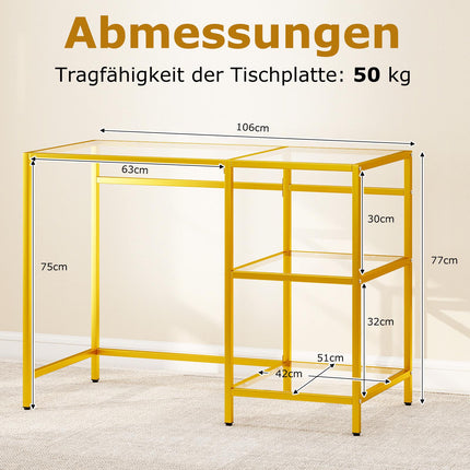 Computertisch mit Glasplatte und Metallgestell, Gold, 106x51x76 cm