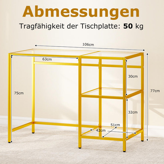 Computertisch mit Glasplatte und Metallgestell, Gold, 106x51x76 cm