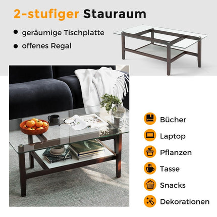 Glass coffee table 2-tier side table with storage space 107 cm long rectangular coffee table
