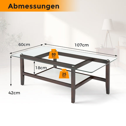 Glass coffee table 2-tier side table with storage space 107 cm long rectangular coffee table