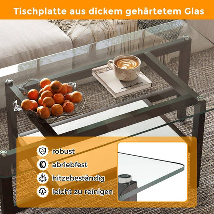 Glass coffee table 2-tier side table with storage space 107 cm long rectangular coffee table