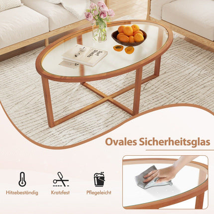 Skleněný konferenční stolek s křížovou podnoží a nohami z akáciového dřeva, moderní skleněný odkládací stolek
