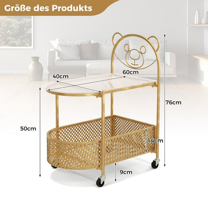 Table d'appoint en verre à roulettes Table en verre à 2 niveaux avec motif ours 60 x 40 x 76 cm Doré