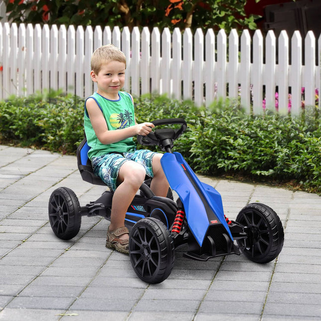 Children's pedal go-kart with adjustable seat and handbrake