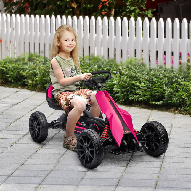 Pink pedal go-kart for children 3-8 years, handbrake & adjustable seat