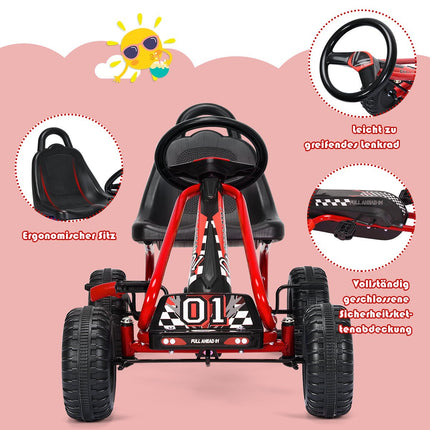 Go-Kart mit verstellbarem Sitz und Handbremse, Tretauto mit einer Tragkraft bis 30 kg, Pedal-Go-Kart rot