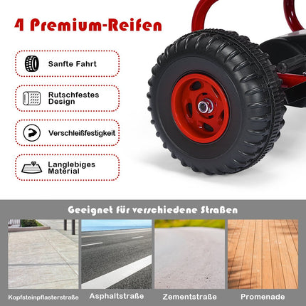Go-Kart mit verstellbarem Sitz und Handbremse, Tretauto mit einer Tragkraft bis 30 kg, Pedal-Go-Kart rot