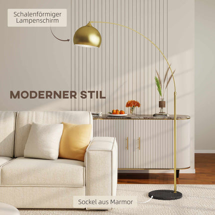 Goldene Bogenstehlampe mit verstellbarem Standfuß, Marmorsockel