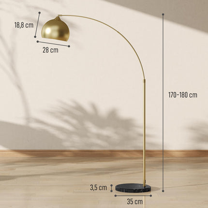Goldene Bogenstehlampe mit verstellbarem Standfuß, Marmorsockel