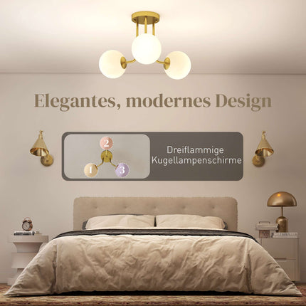 Gold Ceiling Light with Globe Shades, 3 G9 Sockets