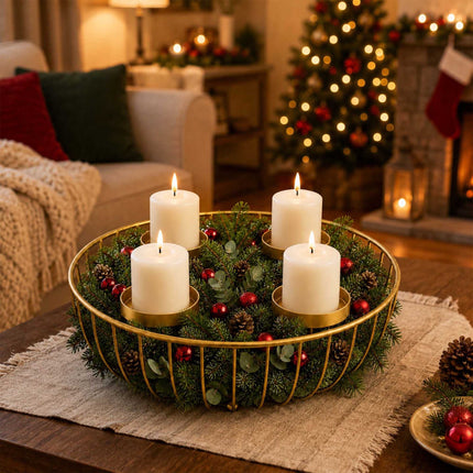 Gold Metal Advent Wreath Bowl, 33 cm Steel Holder