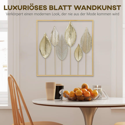 Gold Metal Wall Art with Leaf Design – 70x70 cm