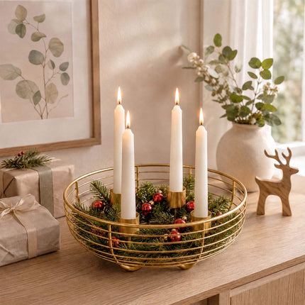 Gold Metal Wire Advent Wreath – 20.5 cm Steel Holder