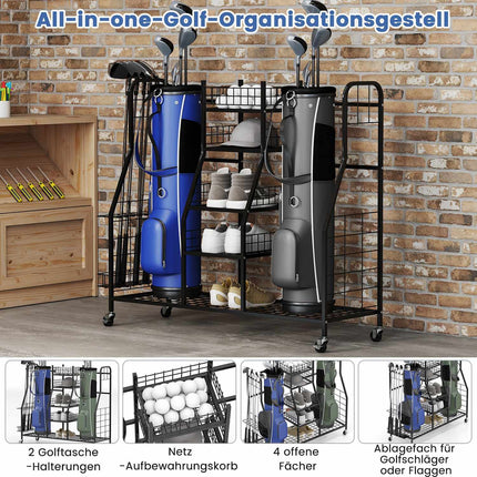 Golfbag-Organizer-Regal mit Rollen für 2 Taschen, Schwarz