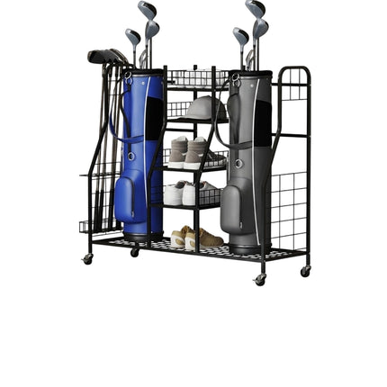 Golfbag-Organizer-Regal mit Rollen für 2 Taschen, Schwarz